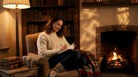 Young woman reading book in cozy library armchair by fireplace with warm lighting and bookshelves creating peaceful evening atmosphere for relaxation.