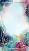 Watercolor abstract background with soft teal, pink, and gold tones, featuring geometric gold frame and botanical line art elements. Isolated on white, ready for invitations, social media graphics, and design projects.