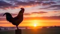 Rooster silhouette crowing at sunrise with dramatic orange and purple sky clouds over rural farmland landscape for agriculture and farming concepts.