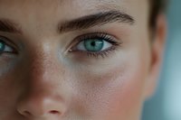 Close-up macro shot of bright turquoise eye with natural freckles and defined eyebrow against blurred skin background, showing fine details and texture.