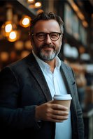 Confident middle-aged Caucasian businessman with beard and glasses holding coffee cup in modern office cafe with warm bokeh lighting background.
