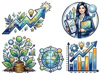 Upward arrow with lightbulb and leaves symbolizing business growth, professional woman with clipboard and cityscape, money tree with coins, global network sphere, and rising bar chart. Isolated clipart set for business presentations and design projects.