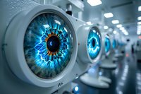 Futuristic blue robotic eyes aligned in corridor with glowing iris and technological details, surveillance concept in modern laboratory environment.
