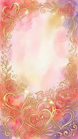 Romantic watercolor background with ornate gold hearts, roses, and flourishes in pink, coral, and purple tones. Isolated design with white center space for text, invitations, or greeting cards.