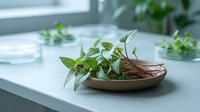 Fresh green microgreens and sprouts in wooden bowl on white table with blurred plants in background, suitable for healthy eating, nutrition, and organic food content.