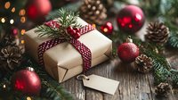 Gift wrapped in kraft paper with red checkered ribbon, surrounded by red Christmas ornaments, pine cones and fir branches on rustic wooden table with blank tag.