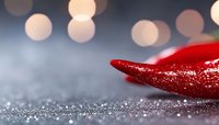 Red glittery lips with sparkling texture against soft bokeh lights background for beauty and cosmetics advertising campaigns.