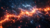 Cosmic nebula with glowing orange and blue particles in deep space, featuring luminous stardust and ethereal light effects against dark background. Suitable for astronomy themes.