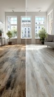 Bright apartment interior showing flooring comparison with rustic wood on left and light laminate on right, featuring large windows overlooking city buildings.