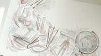 Vintage science education illustration with laboratory equipment, books, globe and academic tools in soft watercolor style for educational materials.