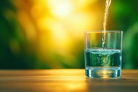 Clear water pouring into glass on wooden surface against blurred green and yellow background, creating dynamic splash with bubbles and liquid motion effect.