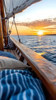 Wooden sailboat deck view at sunset with blue striped cushions, sailing ropes, and golden sun reflecting on calm ocean waters, creating peaceful nautical atmosphere.