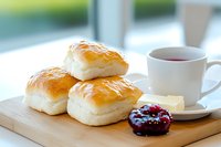 Fresh baked dinner rolls served on wooden board with butter, berry jam and cup of tea, morning breakfast setting in natural window light.