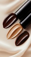 Liquid foundation drops in different skin tone shades from dark to light on beige silk background, with cosmetic bottles for makeup and beauty industry.