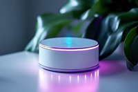 Smart speaker with glowing pink and blue LED light ring on white surface against dark background with green plant leaves, creating modern ambient atmosphere.