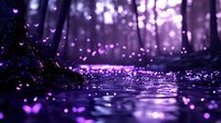 Magical forest scene with glowing purple butterflies floating over reflective water surface amid misty woodland, creating ethereal atmosphere and bokeh effects.