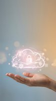 Caucasian hand holding glowing cloud security icons with padlocks and shields, representing data protection, cybersecurity, and cloud computing technology for business solutions.