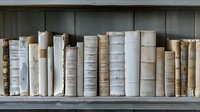 Row of antique white and beige leather bound books arranged on wooden shelf, creating nostalgic library atmosphere with vintage spines and weathered textures.