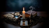 Mystical fortune telling setup with burning candle, crystal ball, tarot cards and incense on ornate cloth creating atmospheric divination scene.