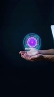 Hands holding glowing purple and cyan energy orb with futuristic holographic sphere for technology innovation and digital transformation concepts.