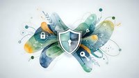 Digital cybersecurity shield with watercolor splash background and tech elements for data protection and network security concepts.