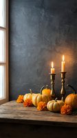 Autumn harvest display with pumpkins, gourds and orange flowers on rustic wooden table. Brass candlesticks with lit candles create warm ambiance for fall decor.