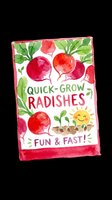 Quick-grow radishes seed packet with watercolor radishes, green leaves, smiling sun, and soil illustration. Isolated on transparent background, ready for clipart, print-on-demand, sublimation, stickers, and design projects.