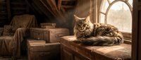 Tabby cat resting on wooden table in rustic attic filled with vintage boxes and warm sunlight from window, conveying nostalgia and peaceful solitude.