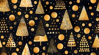 Festive golden Christmas trees and circles on black background create seamless pattern. Modern geometric holiday design with dotted triangles and round shapes.