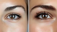Close-up view of brown eyes with long eyelashes and perfectly groomed eyebrows showing professional makeup artistry and beauty treatment results.