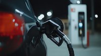 Fuel pump nozzle at gas station with blurred charging station in background, modern transportation energy concept showing fossil fuel and electric options.