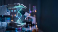 Scientist hands protecting glowing DNA helix hologram in modern laboratory. Genetic research, biotechnology and medical innovation concept for healthcare industry.