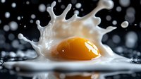 Dynamic milk splash with fresh egg yolk creating crown-like formation on dark surface with bokeh lights background for culinary and breakfast concepts.