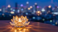 Crystal lotus flower candle holder glowing warmly on wooden surface with blurred city lights bokeh background creating peaceful meditation atmosphere.