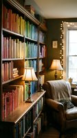 Cozy home library with rainbow-colored books on wooden shelves, warm lamp glow, leather armchair, and fairy lights creating a relaxing reading nook.
