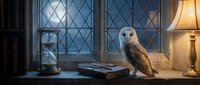 White barn owl perched on old books by diamond-paned window with warm lamp light creating cozy library atmosphere for educational content.