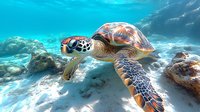 Green sea turtle swimming in crystal clear turquoise water near coral reef bottom, underwater marine life photography showing natural habitat and behavior.