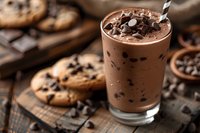 Chocolate milkshake with cookie crumbles and chocolate chips served in glass with striped straw on rustic wooden background with fresh baked cookies.
