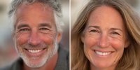 Happy mature couple smiling outdoors with natural lighting showing genuine joy and connection in middle age lifestyle portrait.