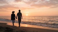 Silhouetted couple holding hands walking along sandy beach at sunset with golden sky and ocean waves, romantic travel and relationship concept.