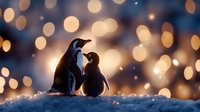 Two penguins silhouetted against golden bokeh lights standing close together in snow, creating romantic winter mood with magical glowing background.