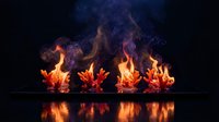 Burning autumn maple leaves with dramatic flames and smoke against starry night sky background with reflection on dark surface.
