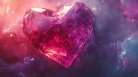Crystal heart shape glowing in magical pink and purple cosmic atmosphere with ethereal light effects and mystical fog, romantic fantasy concept for Valentine designs.
