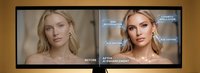 Young blonde woman with fair complexion showcasing before and after skin enhancement results, displaying improved complexion and radiance for beauty and cosmetic advertising campaigns.