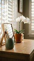 Elegant bathroom vanity setup with white orchid, wooden mirror, ceramic toothbrush holder and natural lighting through plantation shutters for spa decor.