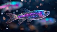 Luminescent aquarium fish with glowing purple and blue scales swimming in dark water with bokeh lights and sparkles creating magical underwater atmosphere.