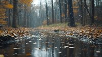Tranquil autumn forest path with fallen leaves floating on rain-soaked ground, creating mirror-like reflections amid misty atmosphere and golden foliage.