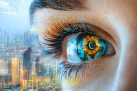 Female eye with digital city reflection and stock market data overlay, combining urban technology with financial visualization in vibrant blue and orange tones.