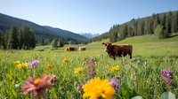 Cattle grazing in alpine meadow with colorful wildflowers in foreground, snow-capped mountains and evergreen forest in background, peaceful rural landscape.
