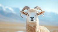 Close-up portrait of a white ram with curved horns against blurred mountain landscape background, showcasing wildlife in natural habitat.